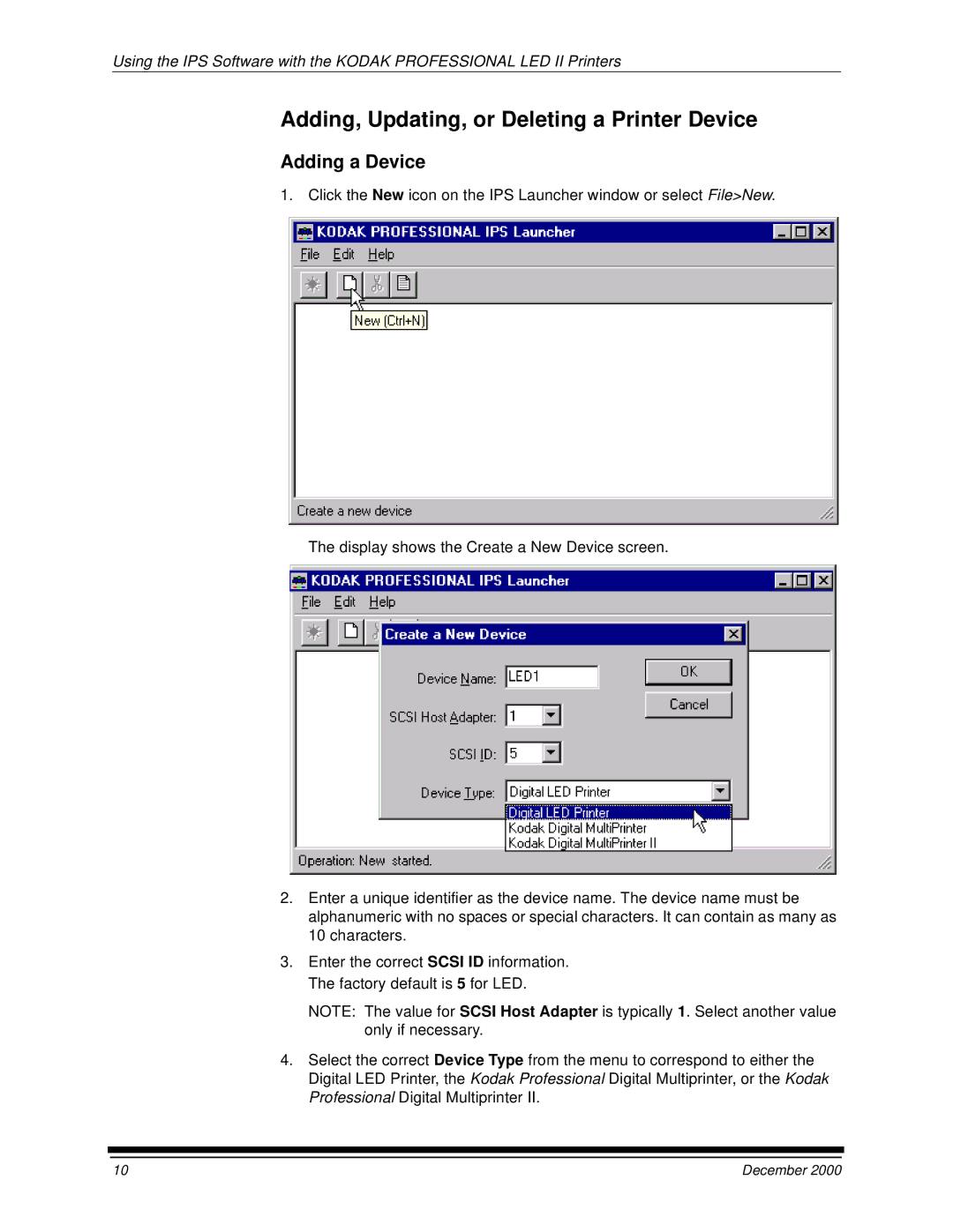 Kodak 6B6254 manual Adding, Updating, or Deleting a Printer Device, Adding a Device 