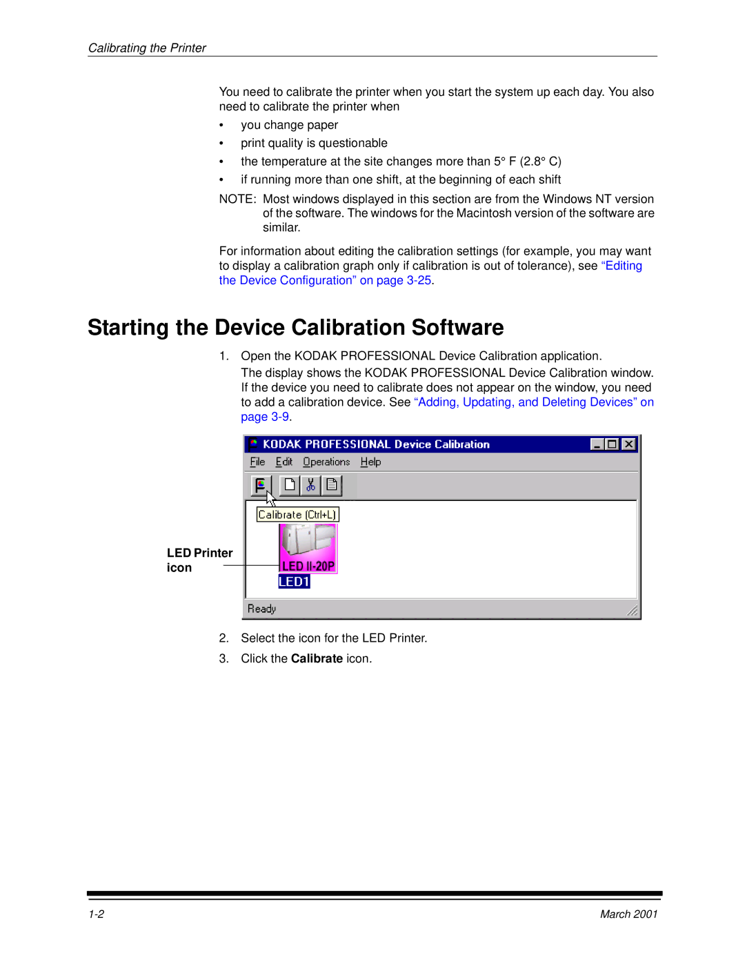 Kodak 6B6640 manual Starting the Device Calibration Software, LED Printer icon 