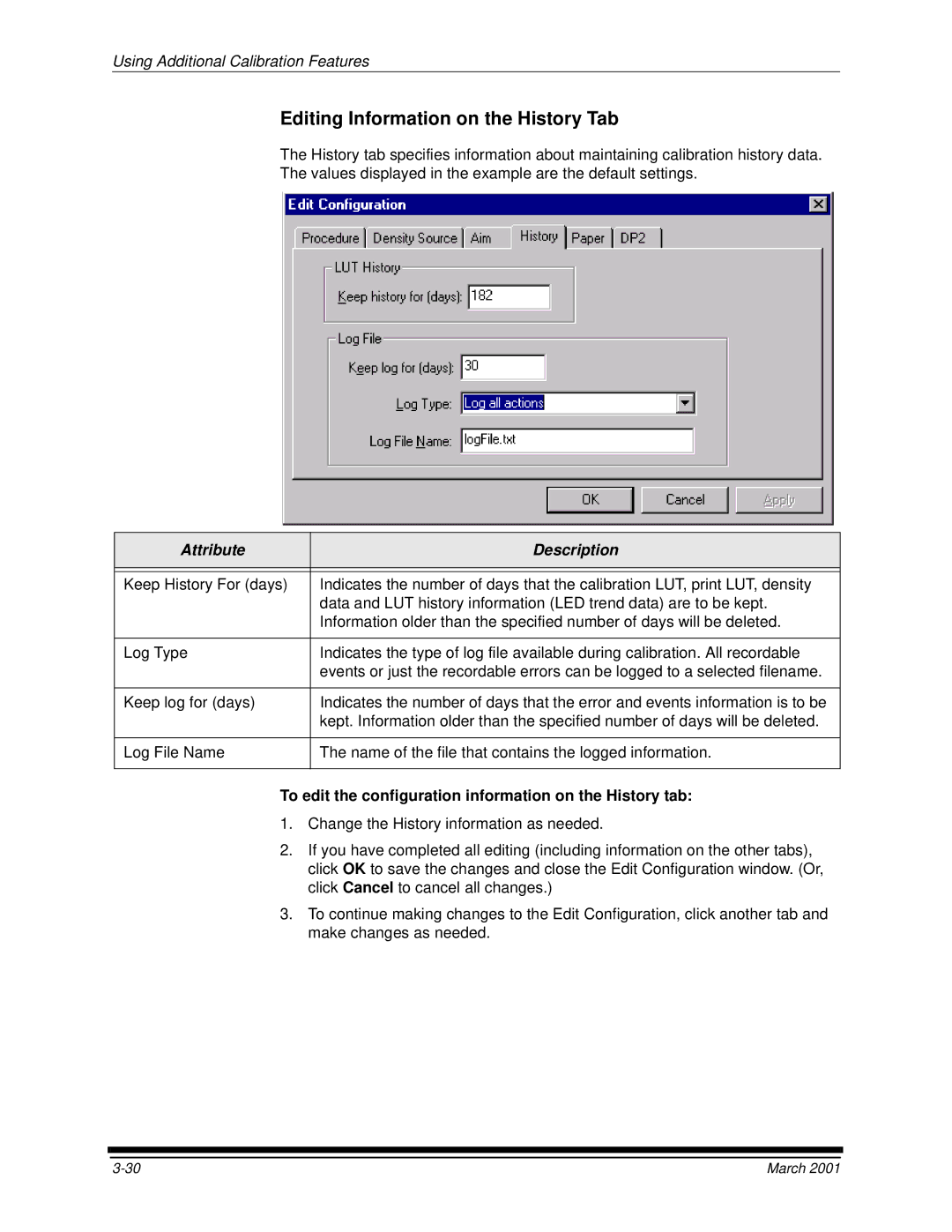 Kodak 6B6640 manual Editing Information on the History Tab, To edit the configuration information on the History tab 