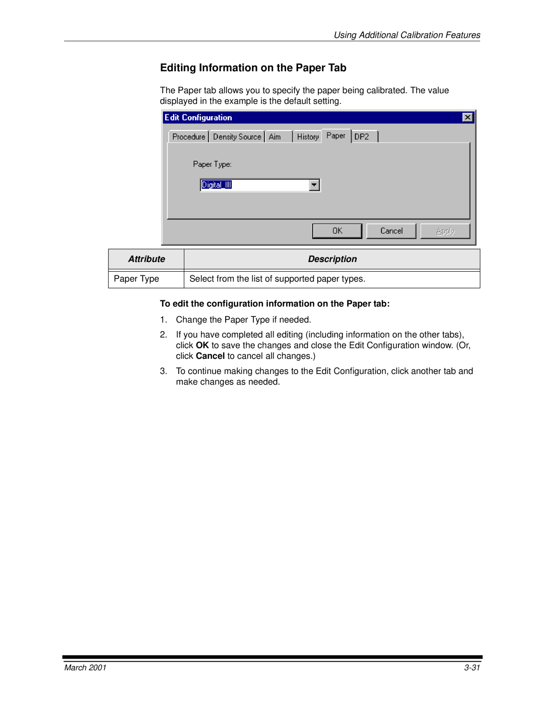 Kodak 6B6640 manual Editing Information on the Paper Tab, To edit the configuration information on the Paper tab 