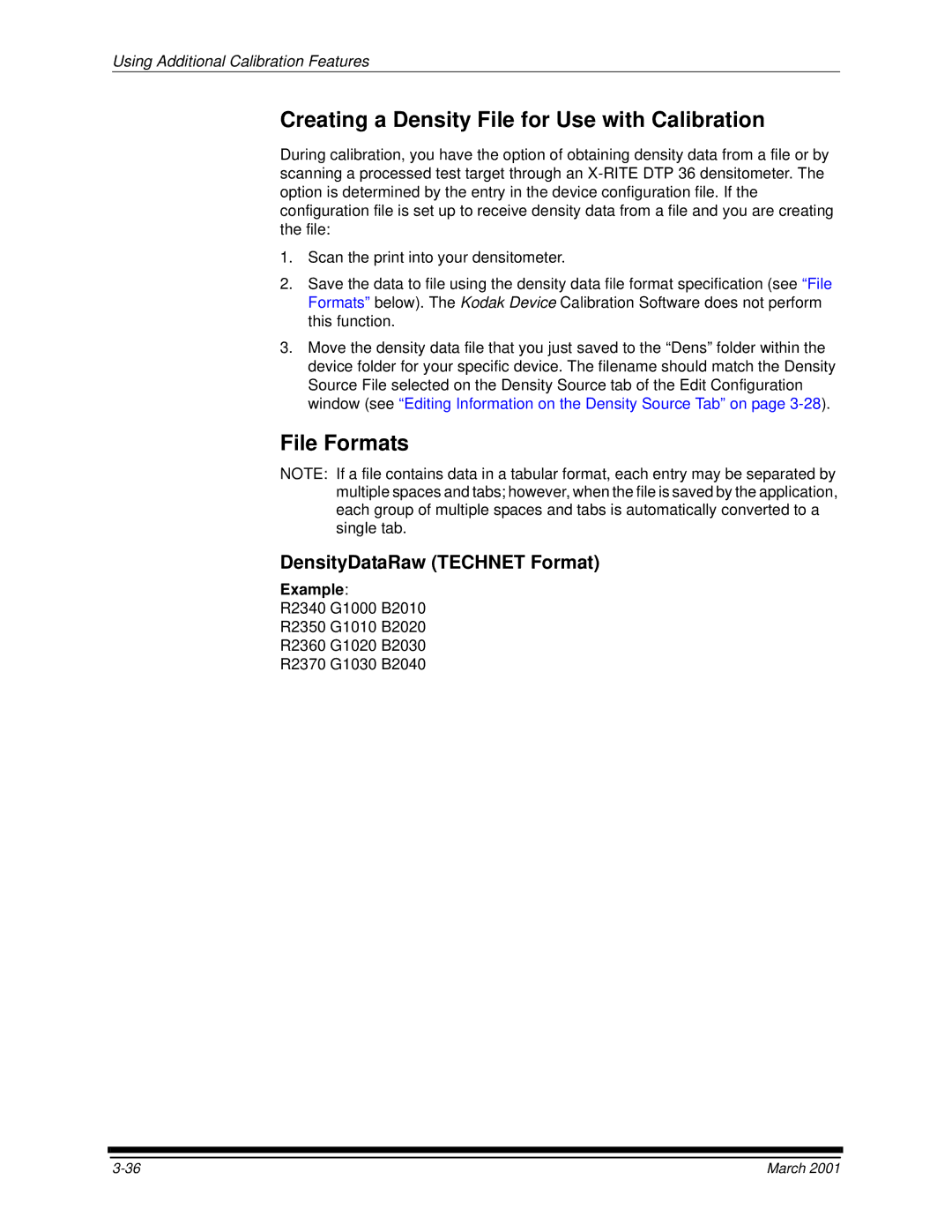 Kodak 6B6640 manual Creating a Density File for Use with Calibration, File Formats, Example 