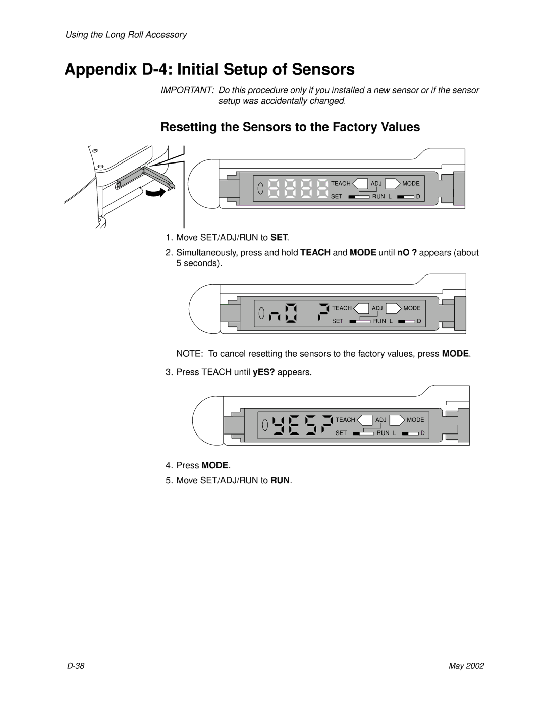 Kodak 6B7198 manual Appendix D-4 Initial Setup of Sensors, Resetting the Sensors to the Factory Values 