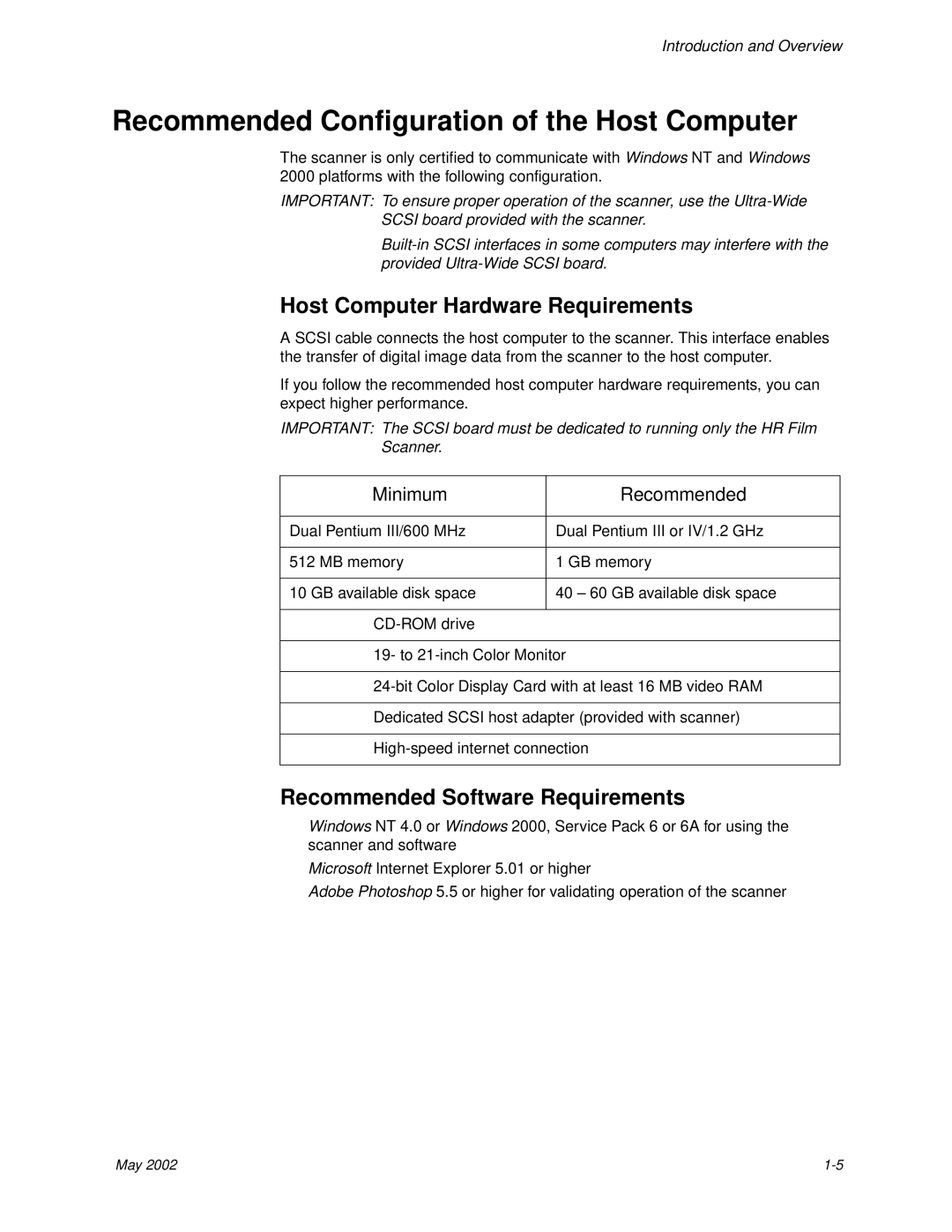 Kodak 6B7198 manual Recommended Configuration of the Host Computer, Host Computer Hardware Requirements 