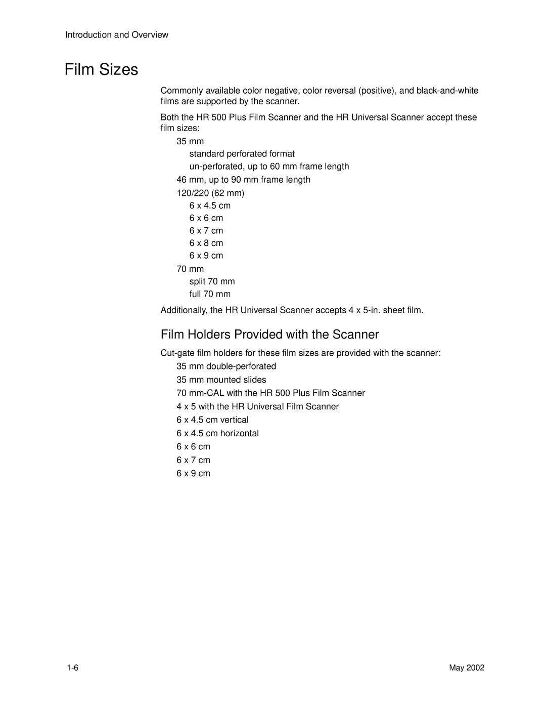 Kodak 6B7198 manual Film Sizes, Film Holders Provided with the Scanner 