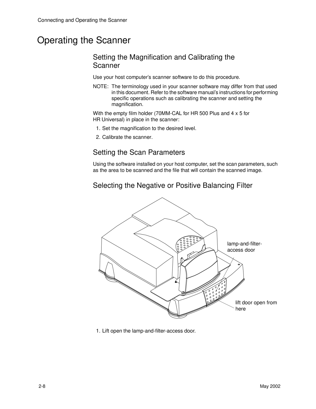 Kodak 6B7198 manual Operating the Scanner, Setting the Magnification and Calibrating Scanner, Setting the Scan Parameters 