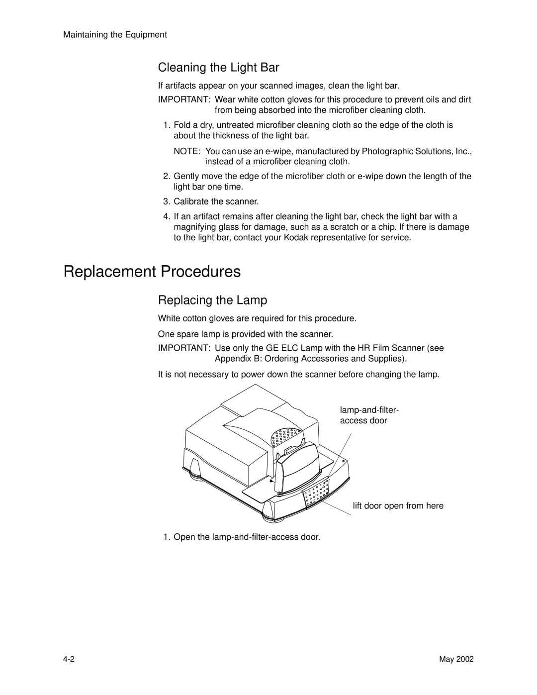 Kodak 6B7198 manual Replacement Procedures, Cleaning the Light Bar, Replacing the Lamp 