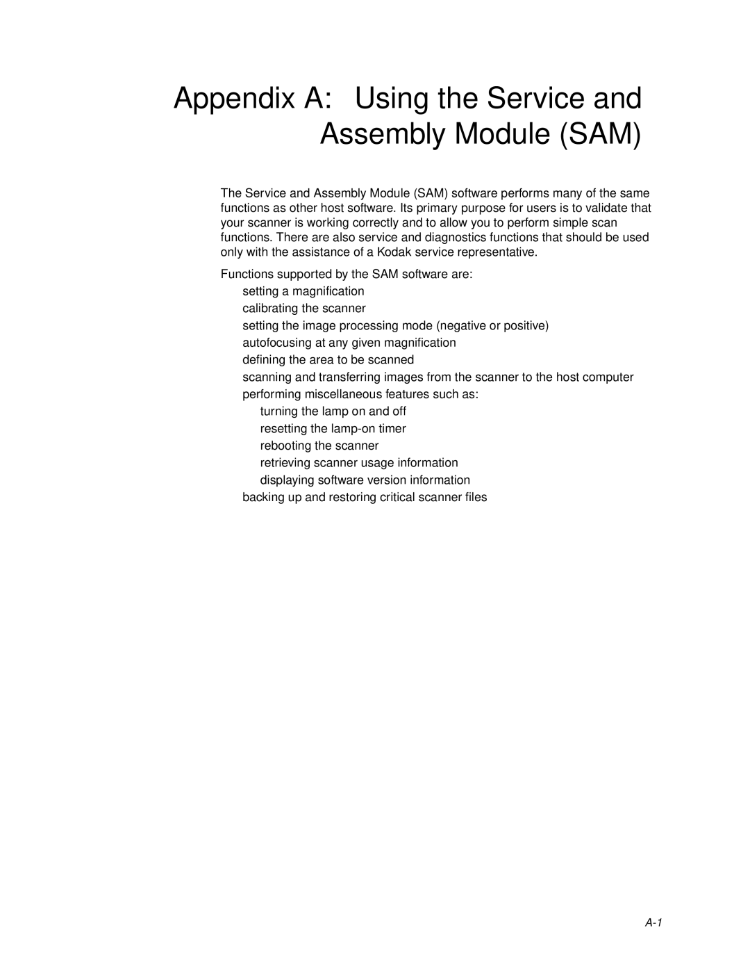 Kodak 6B7198 manual Appendix a Using the Service and Assembly Module SAM 