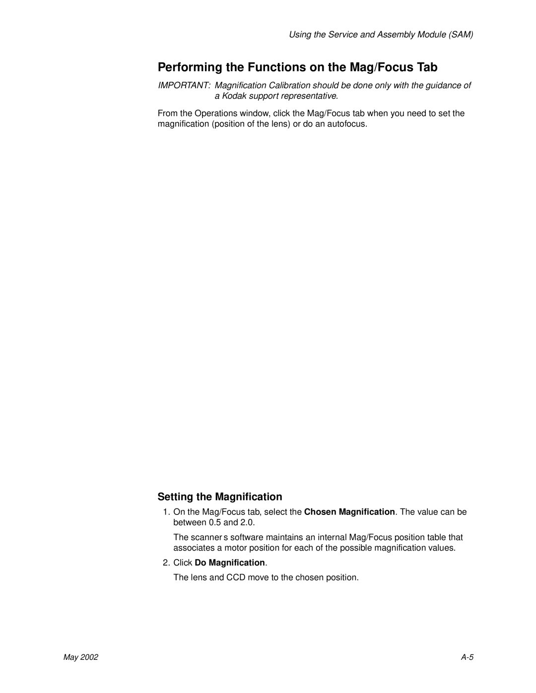 Kodak 6B7198 manual Performing the Functions on the Mag/Focus Tab, Setting the Magnification 