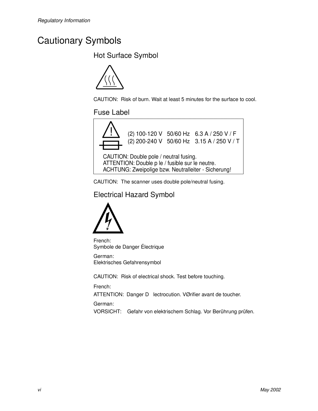 Kodak 6B7198 manual Hot Surface Symbol Fuse Label, Electrical Hazard Symbol 