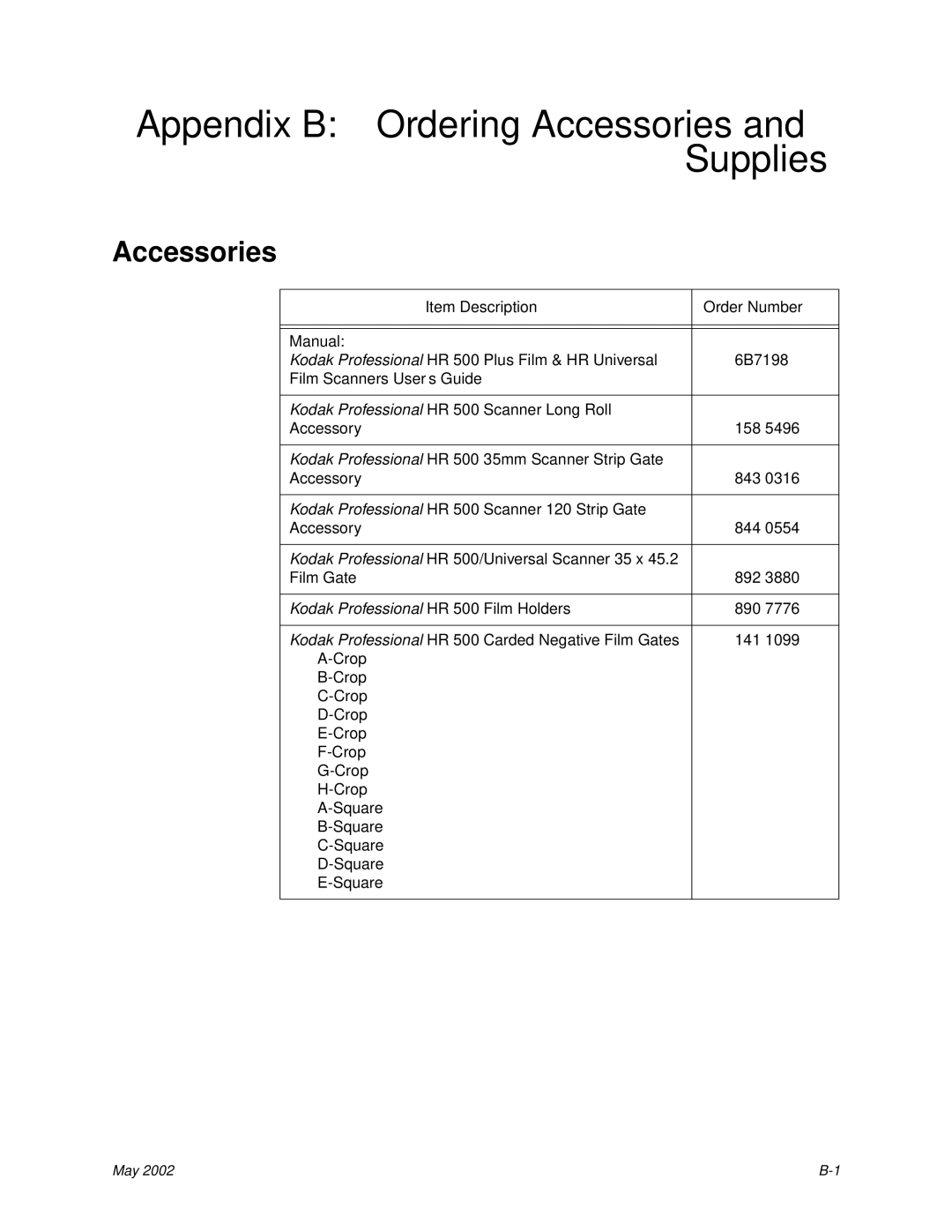 Kodak 6B7198 manual Appendix B Ordering Accessories and Supplies 