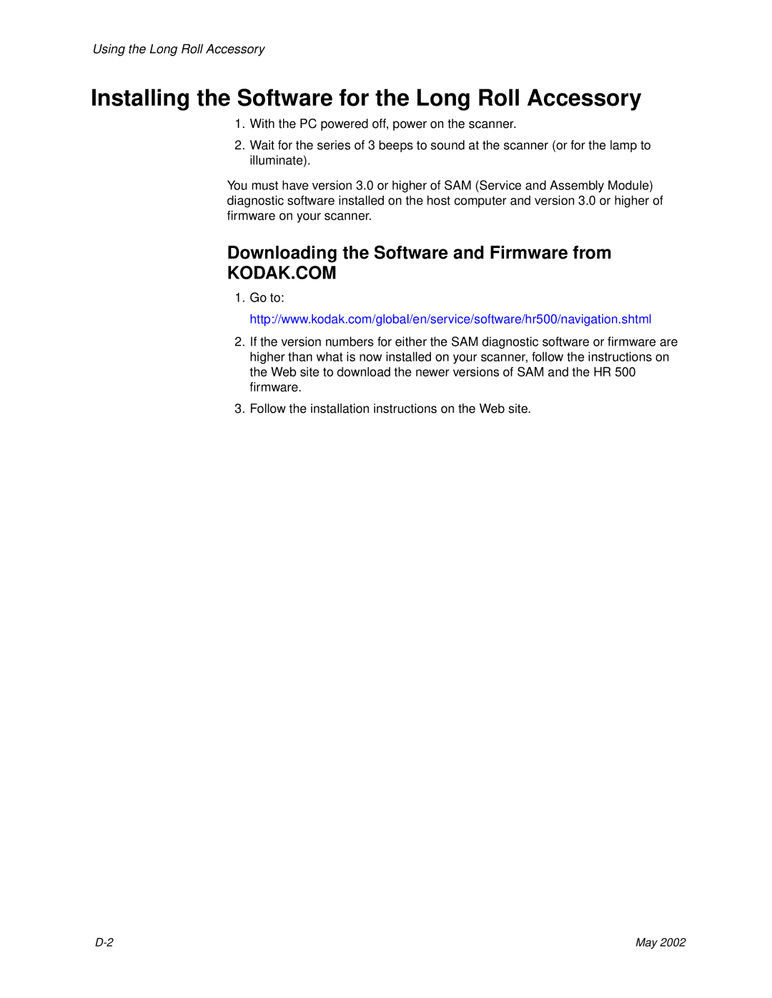 Kodak 6B7198 manual Installing the Software for the Long Roll Accessory, Downloading the Software and Firmware from 