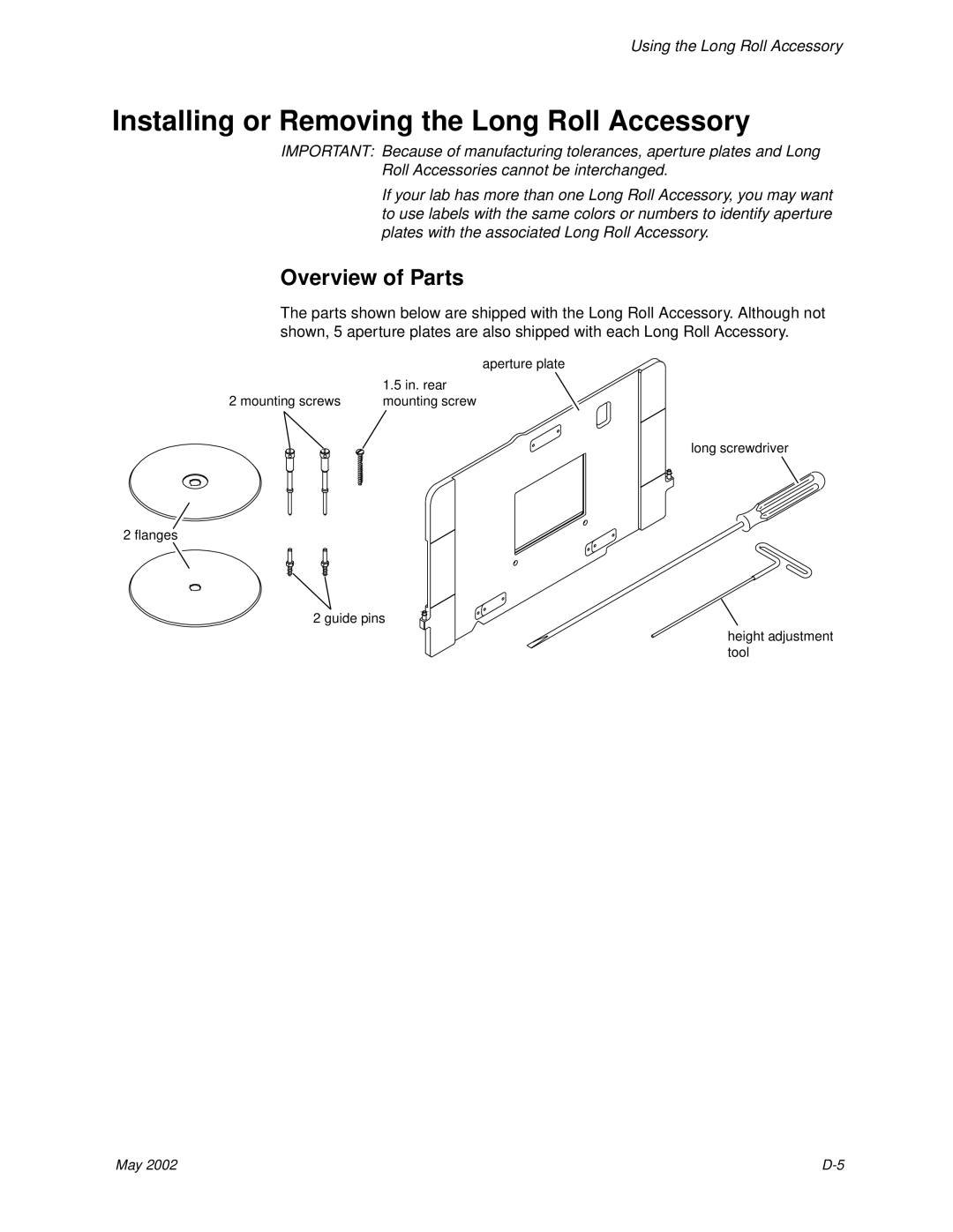 Kodak 6B7198 manual Installing or Removing the Long Roll Accessory, Overview of Parts 