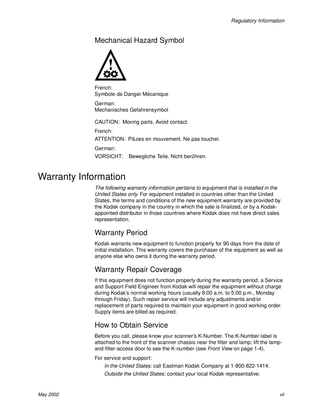 Kodak 6B7198 manual Warranty Information, Mechanical Hazard Symbol, Warranty Period, Warranty Repair Coverage 