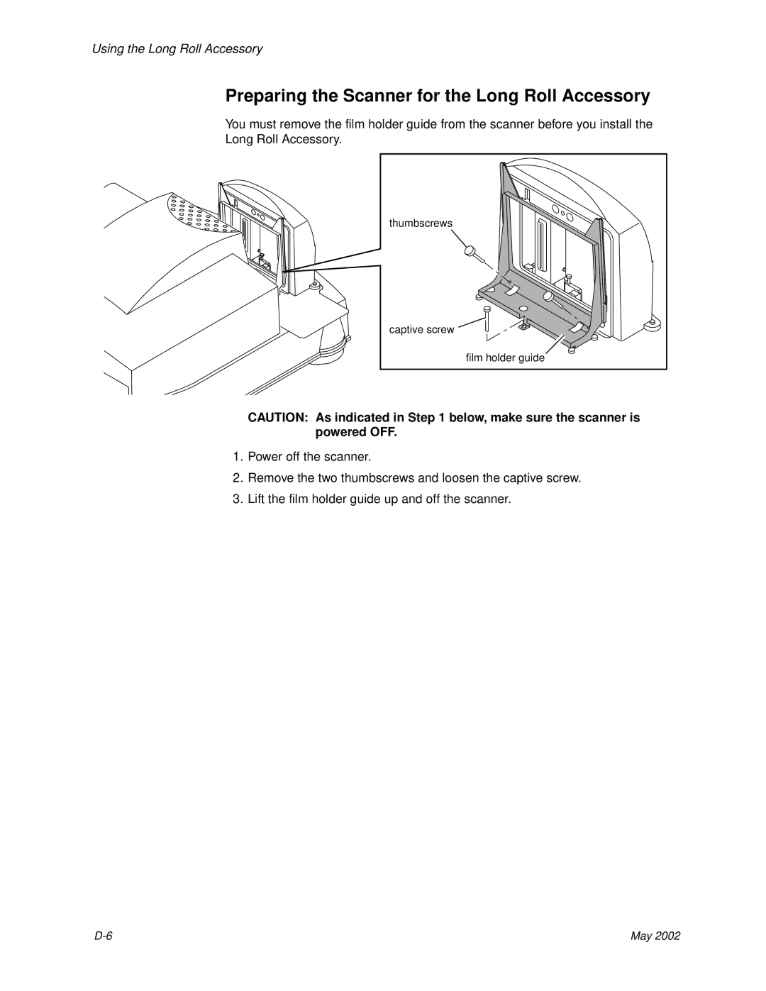 Kodak 6B7198 manual Preparing the Scanner for the Long Roll Accessory 