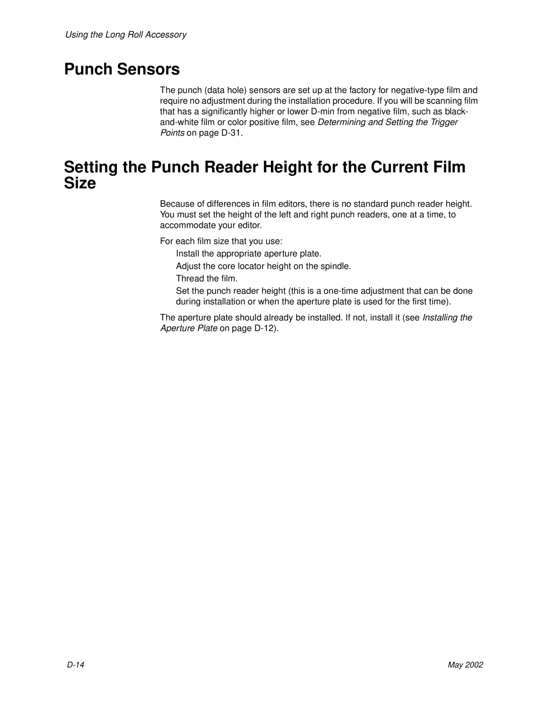 Kodak 6B7198 manual Punch Sensors, Setting the Punch Reader Height for the Current Film Size 