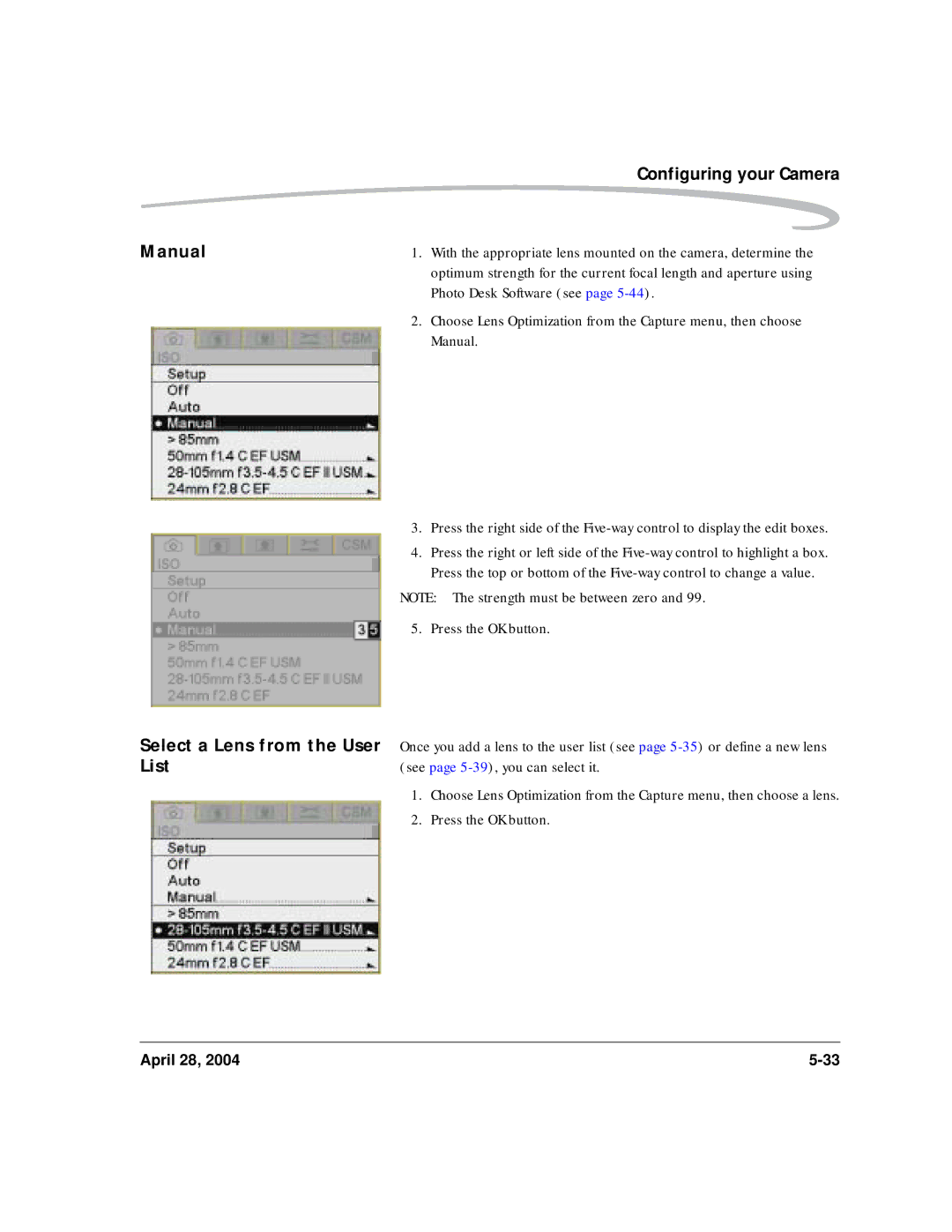 Kodak 6B8773 manual Configuring your Camera Manual, Photo Desk Software see, Select a Lens from the User List 