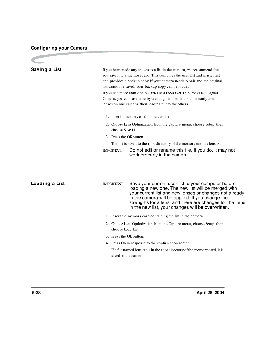 Kodak 6B8773 manual Configuring your Camera Saving a List, Loading a List 