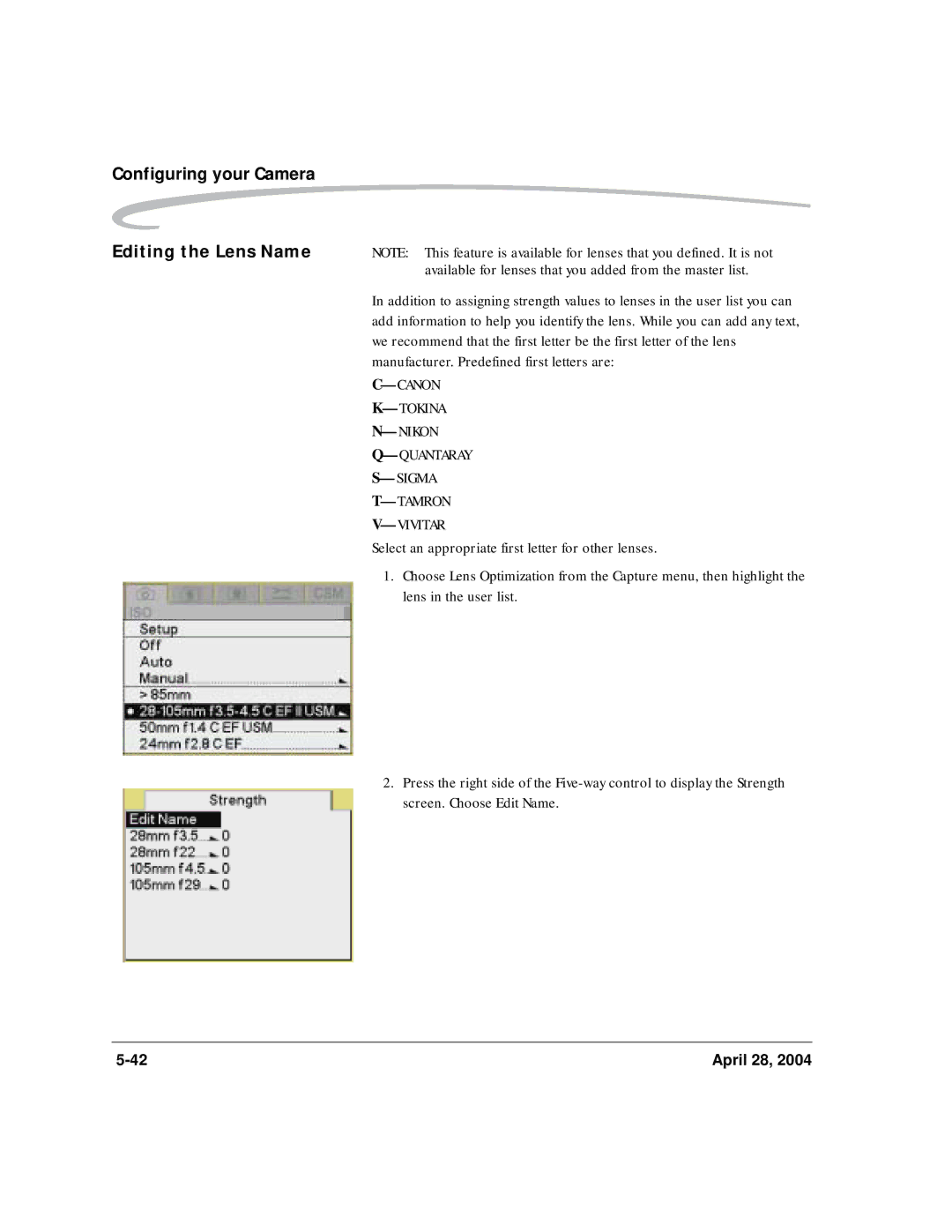 Kodak 6B8773 manual Configuring your Camera Editing the Lens Name, Available for lenses that you added from the master list 