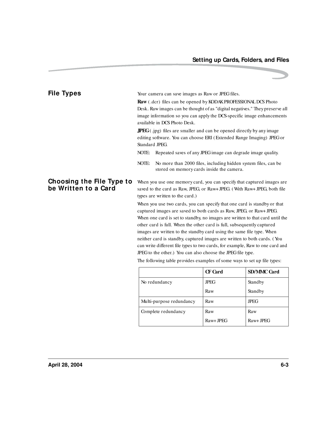 Kodak 6B8773 manual File Types, Choosing the File Type to be Written to a Card 