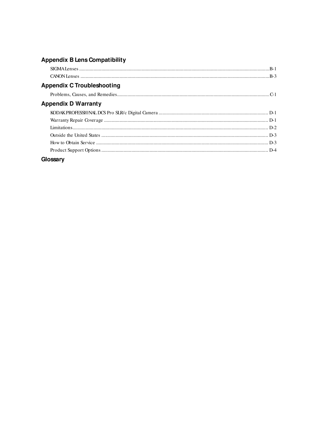 Kodak 6B8773 manual Appendix B Lens Compatibility, Appendix C Troubleshooting, Appendix D Warranty, Glossary 