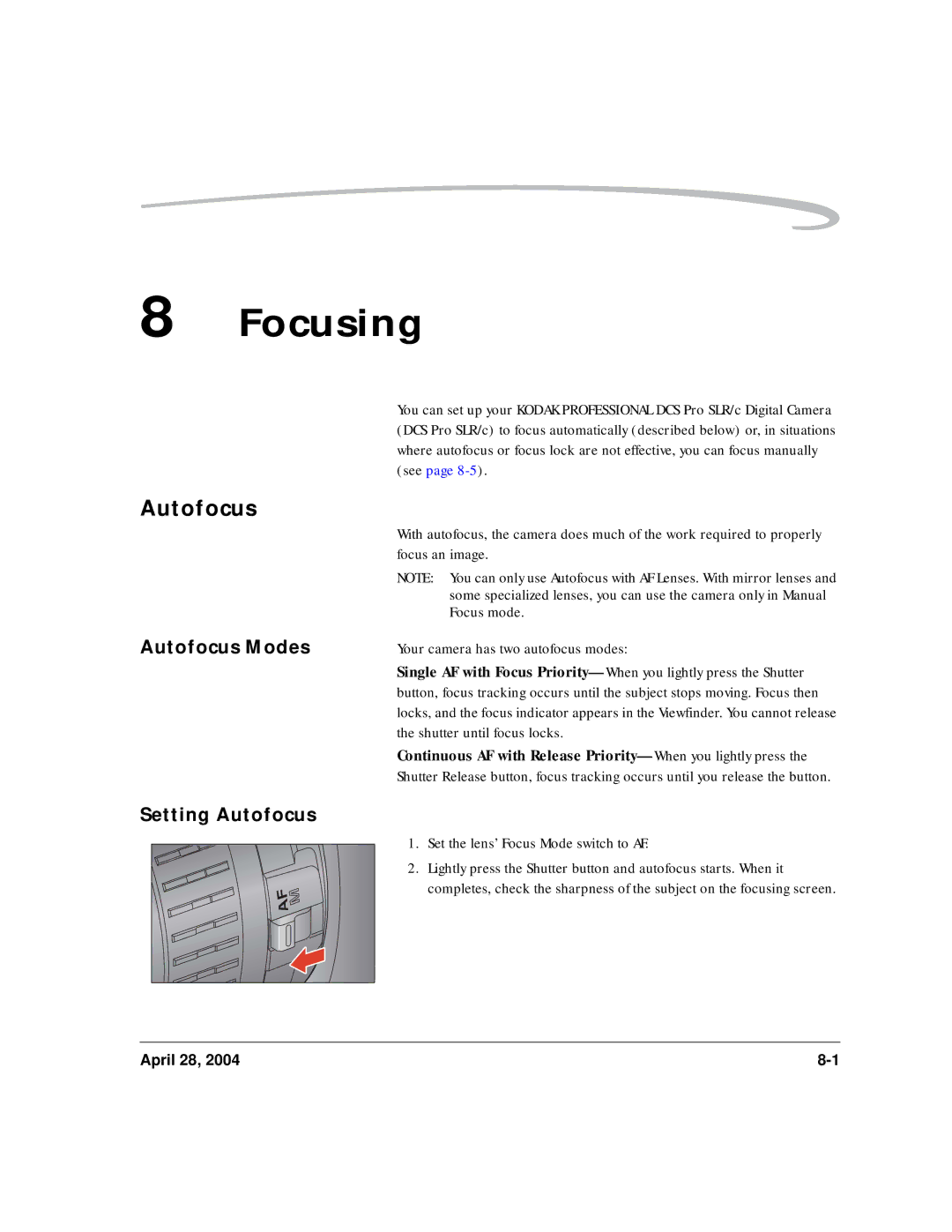 Kodak 6B8773 manual Focusing, Autofocus Modes, Setting Autofocus 