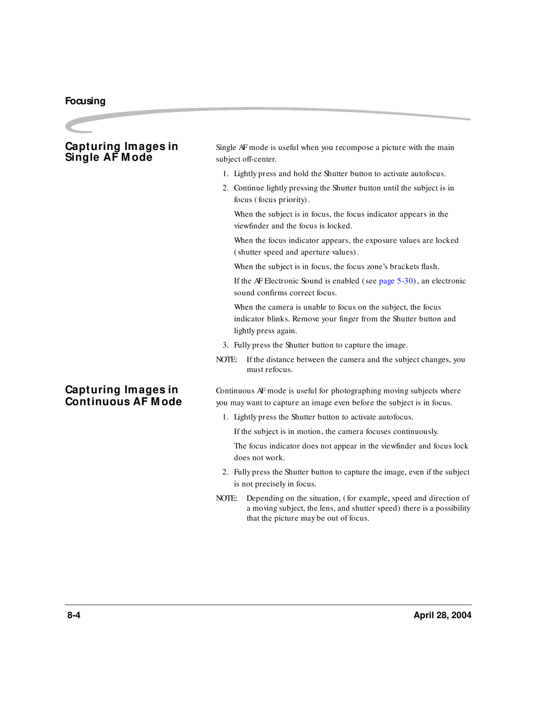 Kodak 6B8773 manual Capturing Images in Single AF Mode, Continuous AF Mode 