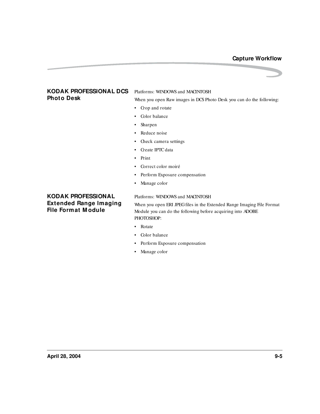 Kodak 6B8773 manual Kodak Professional DCS Photo Desk, Extended Range Imaging File Format Module Capture Workflow 