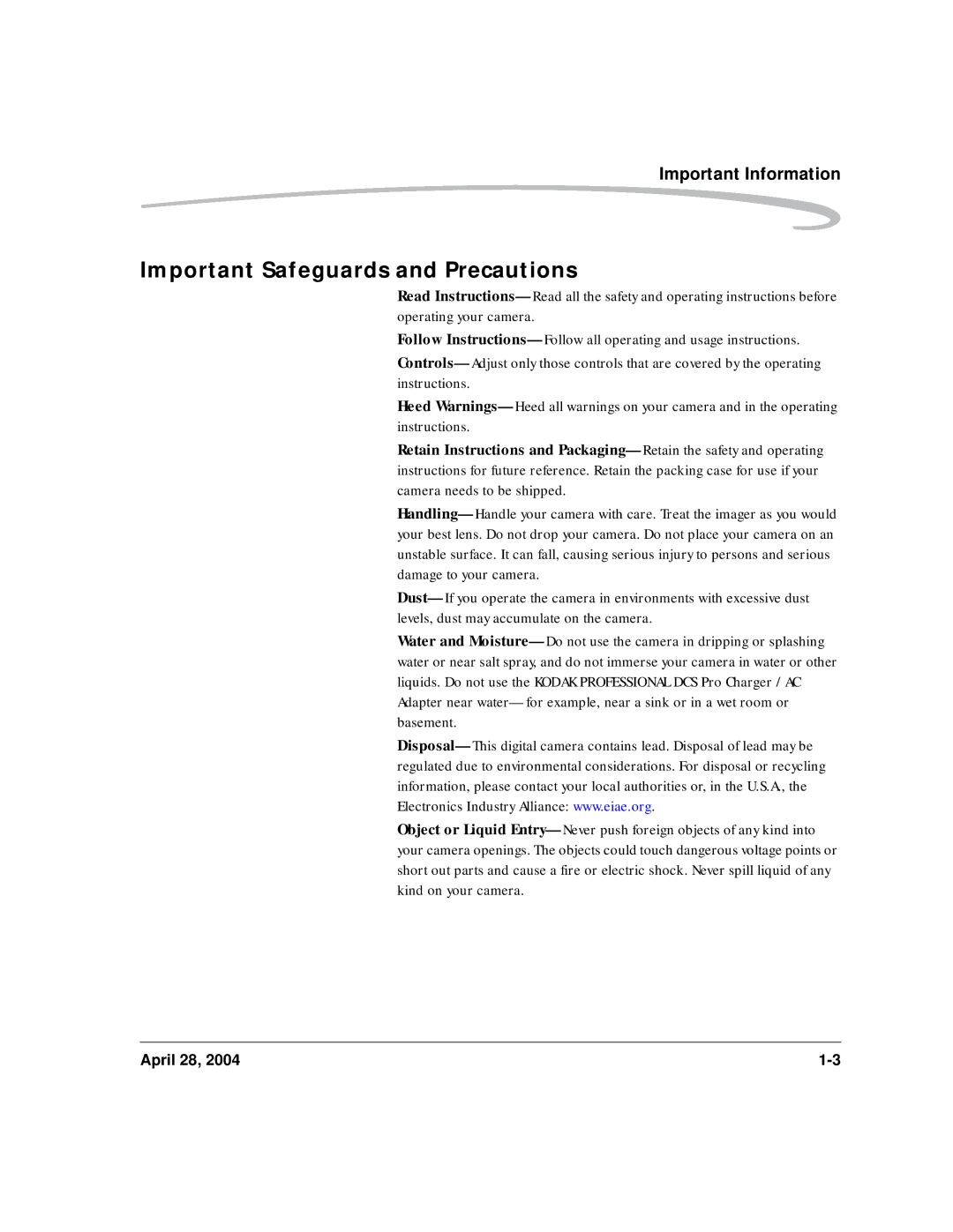 Kodak 6B8773 manual Important Safeguards and Precautions 