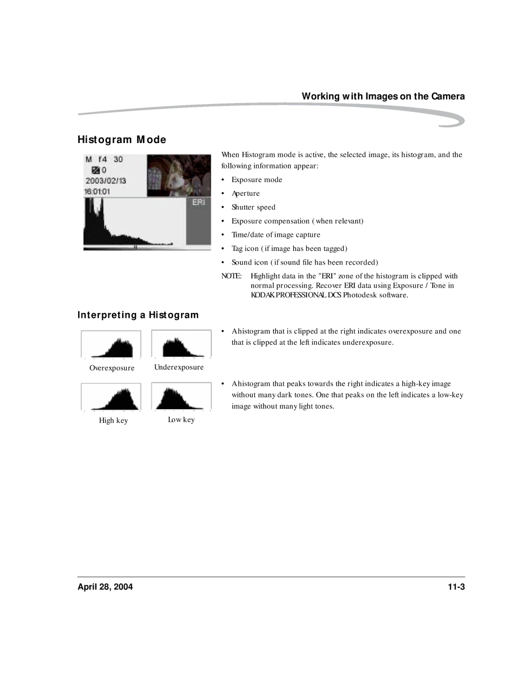 Kodak 6B8773 manual Histogram Mode, Interpreting a Histogram 