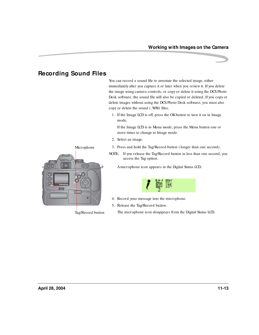 Kodak 6B8773 manual Recording Sound Files, Microphone 