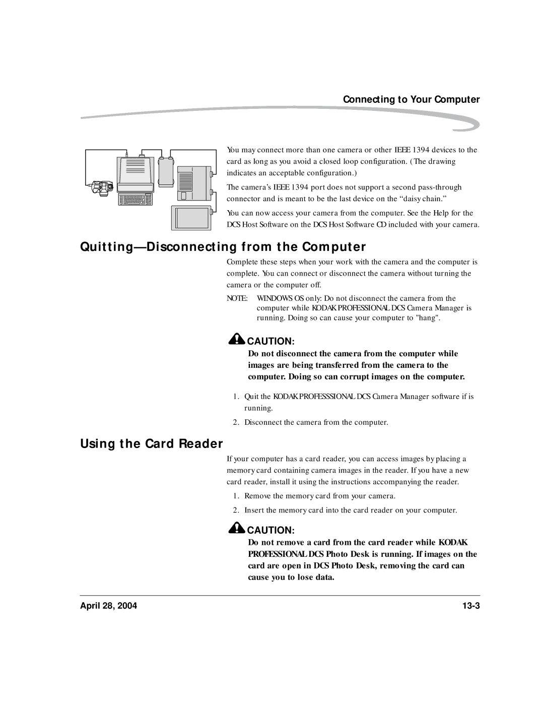 Kodak 6B8773 manual Quitting-Disconnecting from the Computer, Using the Card Reader 