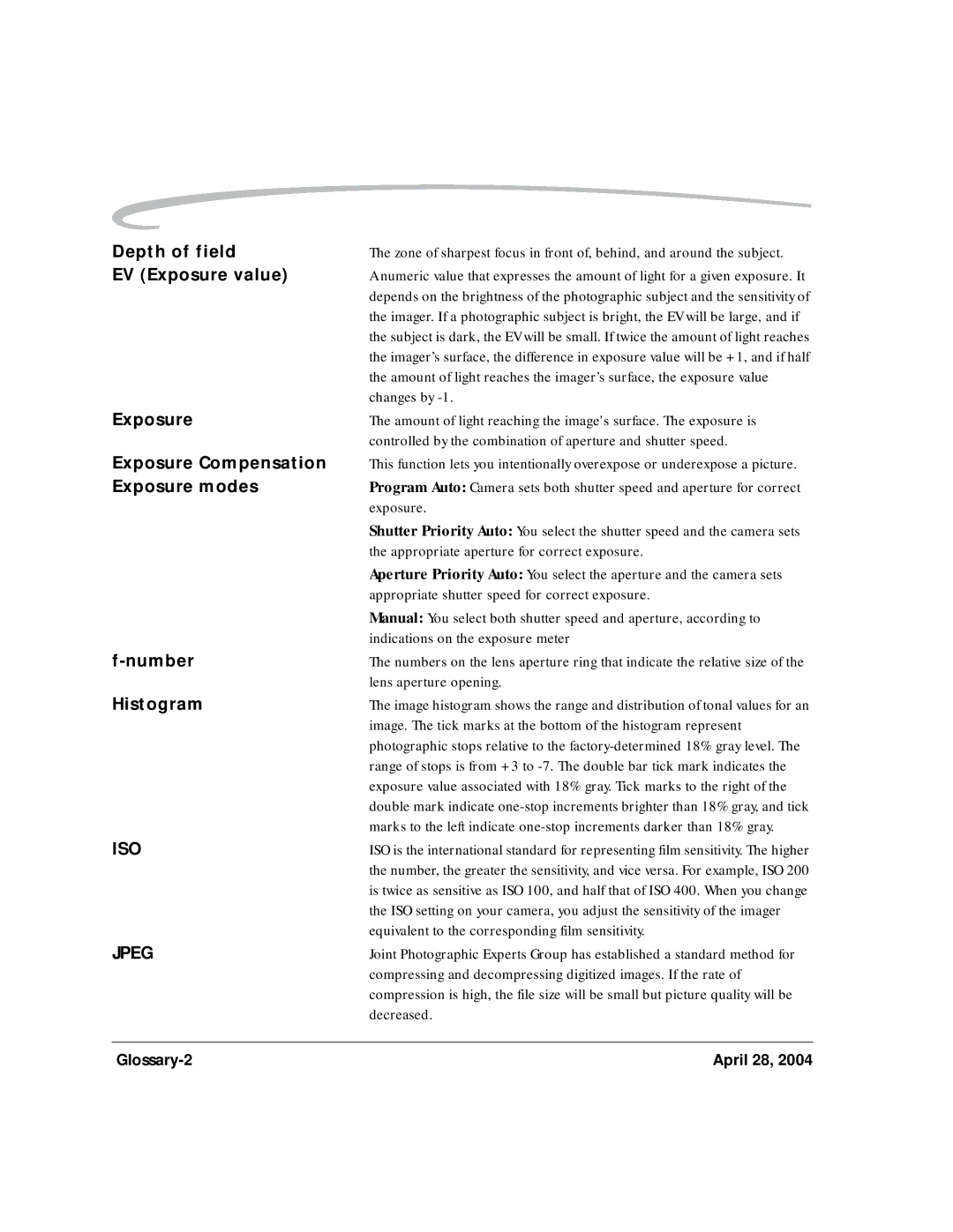 Kodak 6B8773 manual Depth of field, EV Exposure value, Exposure Compensation, Exposure modes, Number, Histogram 