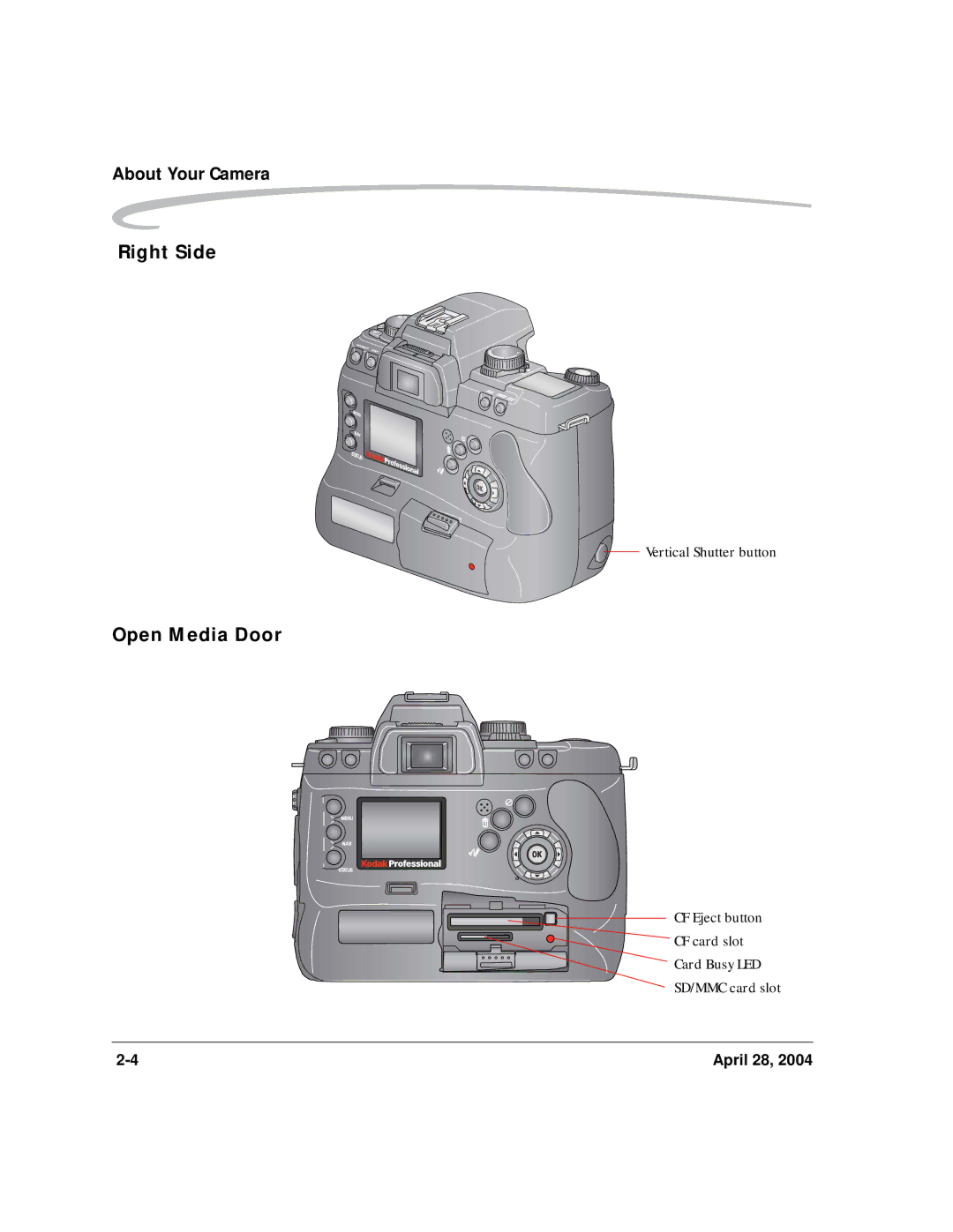 Kodak 6B8773 manual Right Side, Open Media Door, CF Eject button CF card slot Card Busy LED SD/MMC card slot 