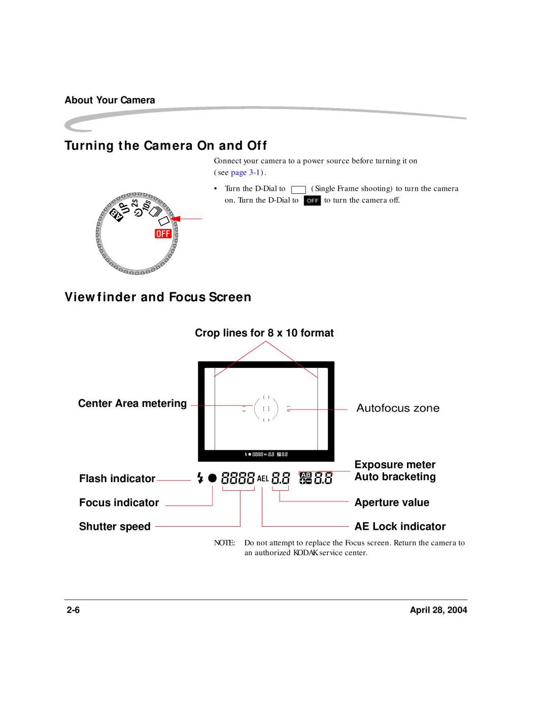Kodak 6B8773 manual Turning the Camera On and Off, Viewfinder and Focus Screen, Aperture value AE Lock indicator 