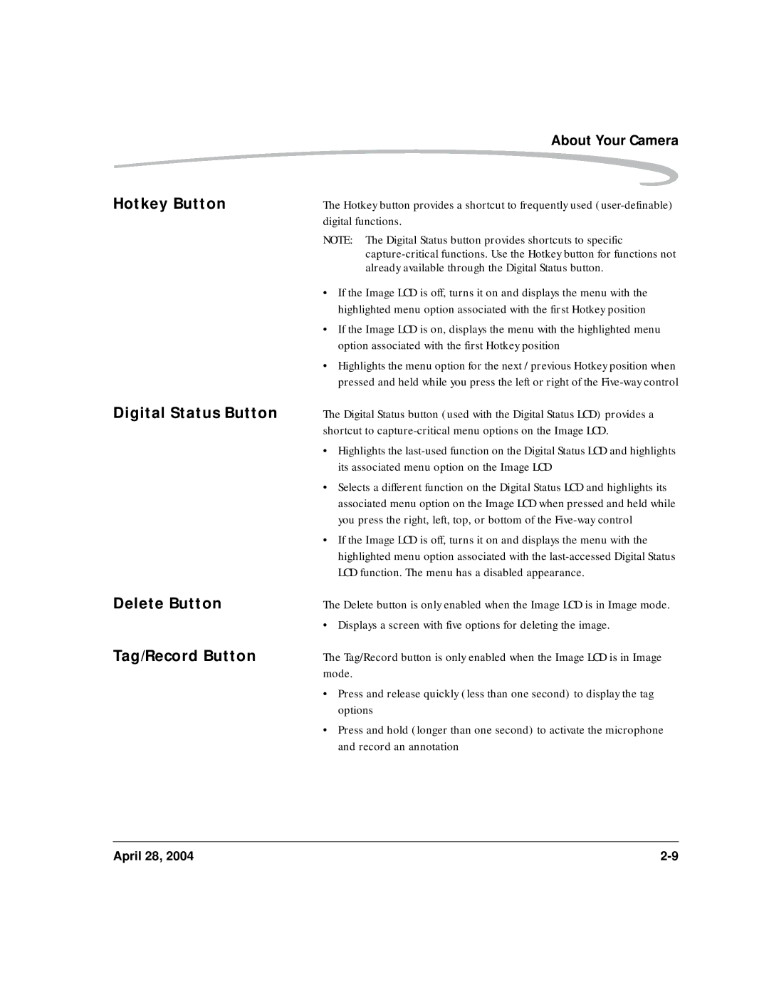 Kodak 6B8773 manual Hotkey Button, Digital Status Button, Delete Button, Tag/Record Button 