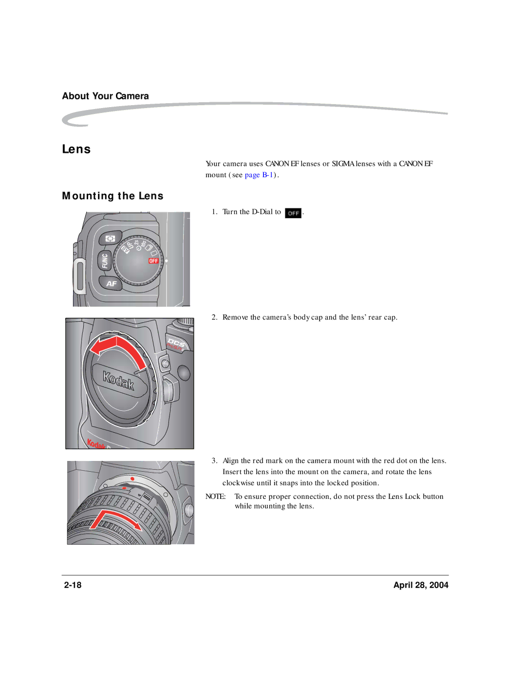 Kodak 6B8773 manual Mounting the Lens 