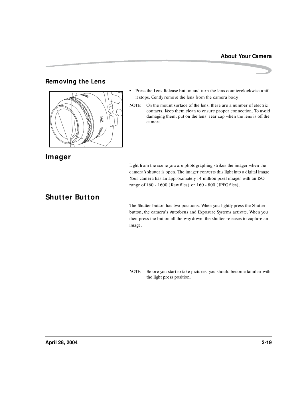 Kodak 6B8773 manual Imager, Shutter Button, Removing the Lens 