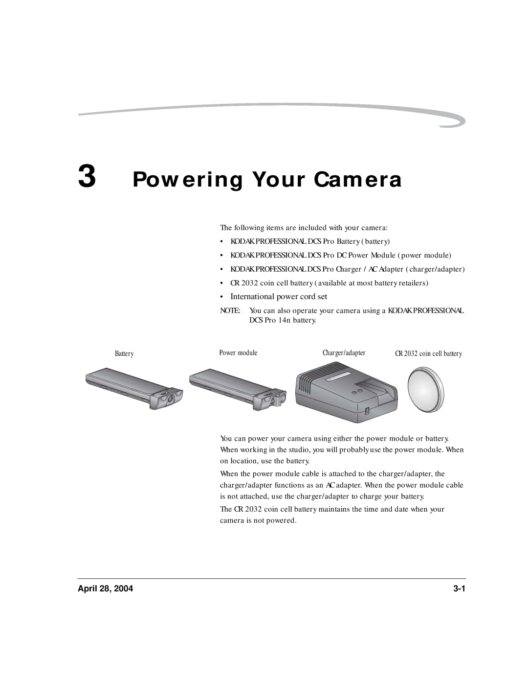 Kodak 6B8773 manual Powering Your Camera, DCS Pro 14n battery Battery Power module Charger/adapter 