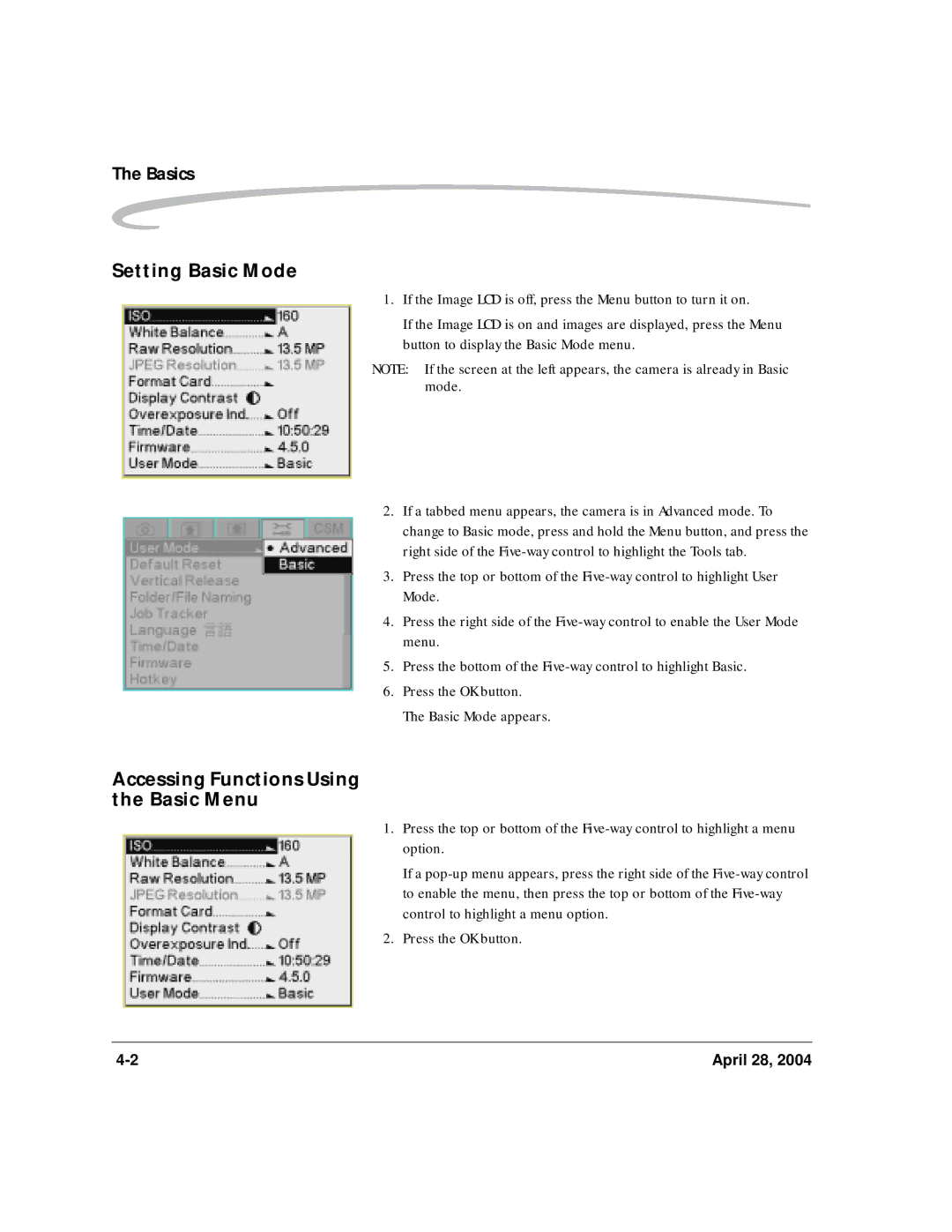 Kodak 6B8773 manual Setting Basic Mode, Accessing Functions Using Basic Menu 