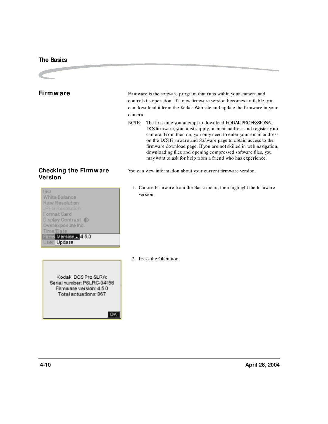 Kodak 6B8773 manual Checking the Firmware, Version 