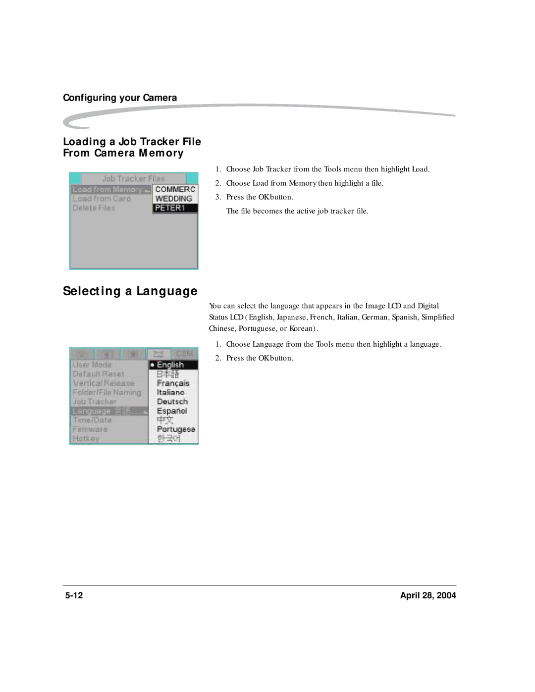 Kodak 6B8773 manual Selecting a Language, Loading a Job Tracker File From Camera Memory 