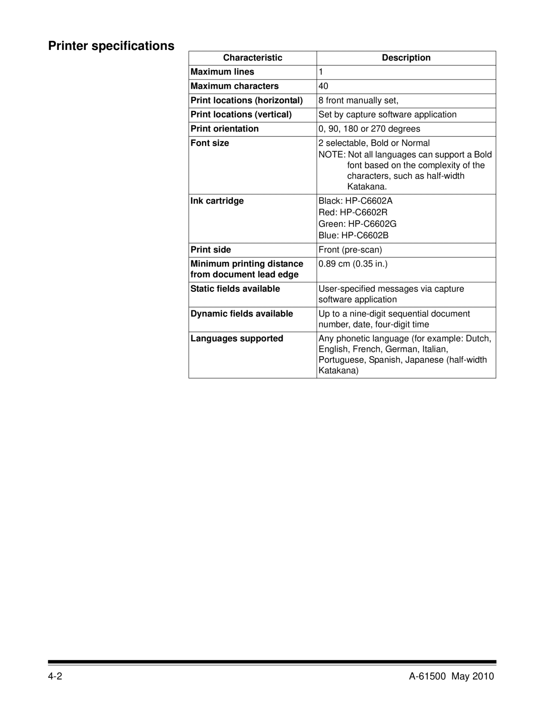 Kodak 6J7611A manual Printer specifications, Font size 