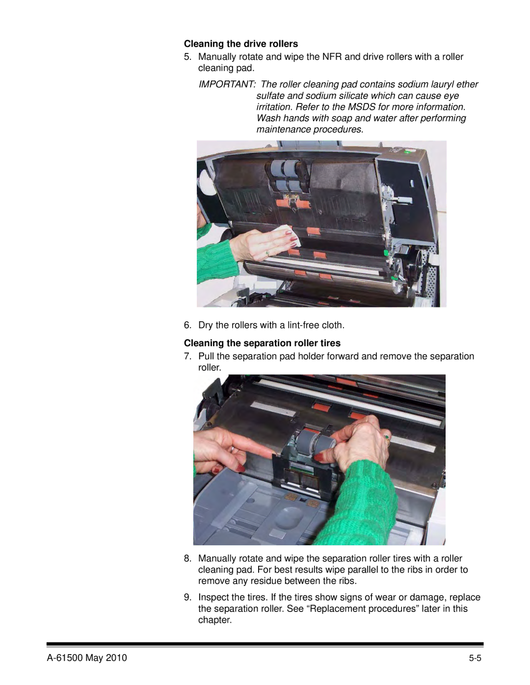 Kodak 6J7611A manual Cleaning the drive rollers, Cleaning the separation roller tires 
