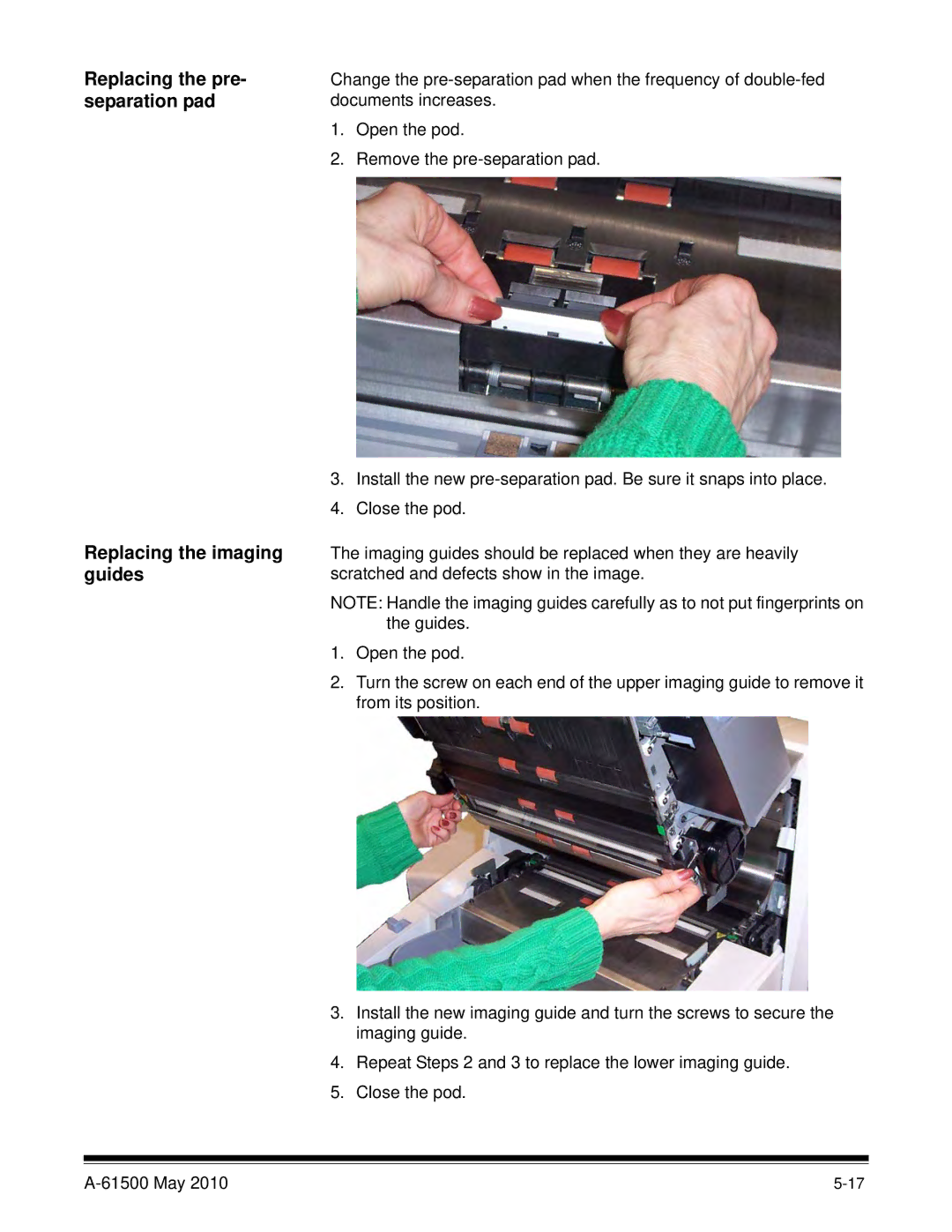 Kodak 6J7611A manual Replacing the pre, Separation pad, Replacing the imaging, Guides 