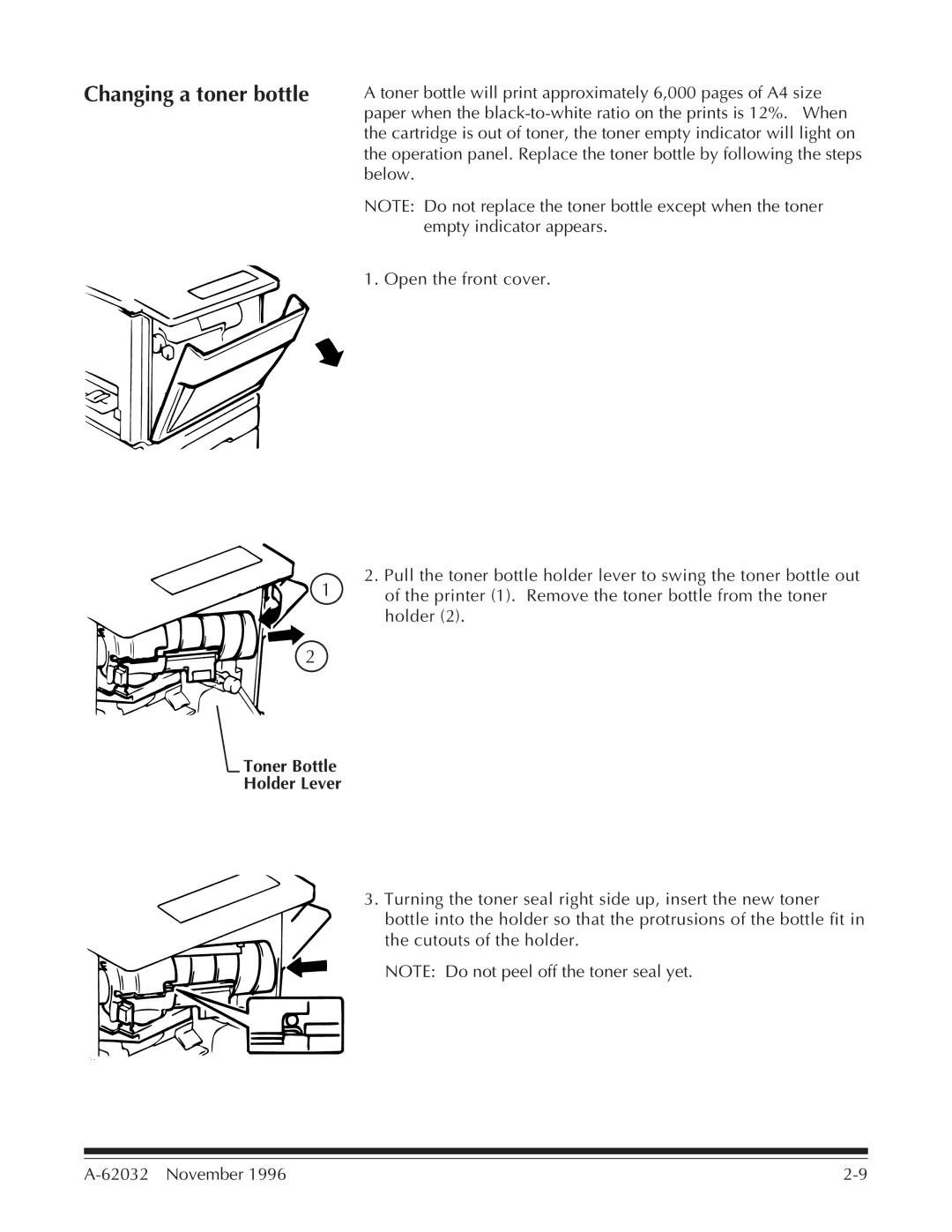 Kodak 7 manual Changing a toner bottle, Toner Bottle Holder Lever 