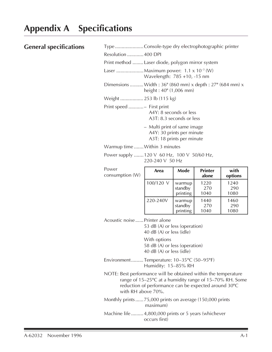 Kodak 7 manual Appendix a Specifications, General specifications 