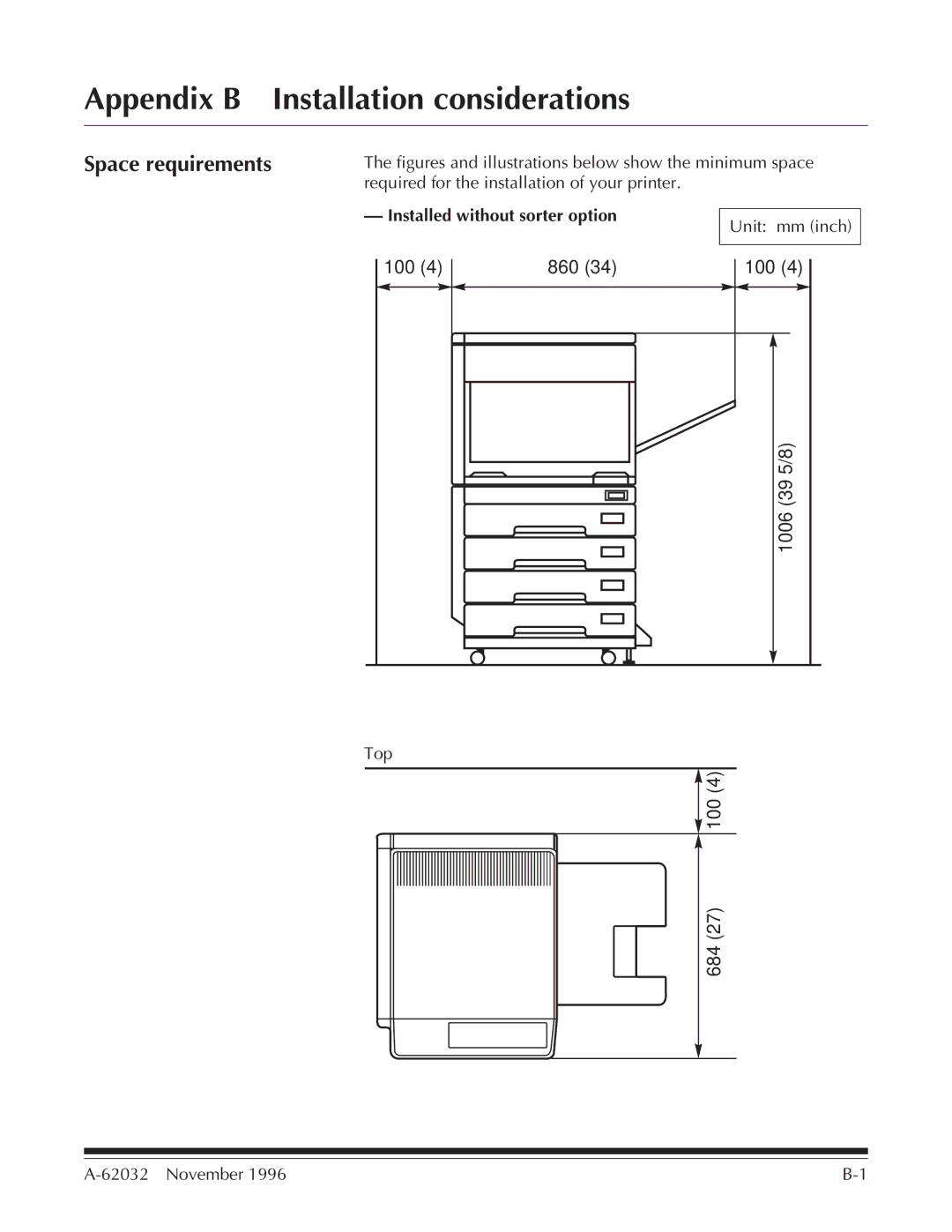 Kodak 7 manual Appendix B Installation considerations, Space requirements, Installed without sorter option 