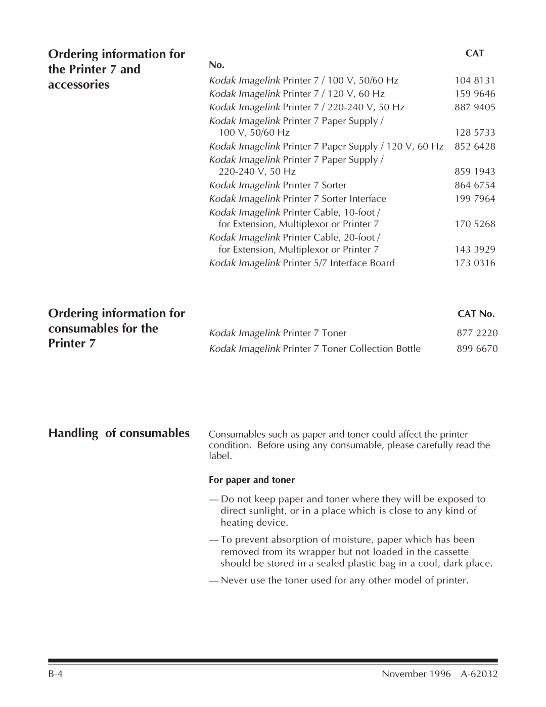 Kodak Ordering information for the Printer 7 and accessories, Ordering information for consumables for the Printer 