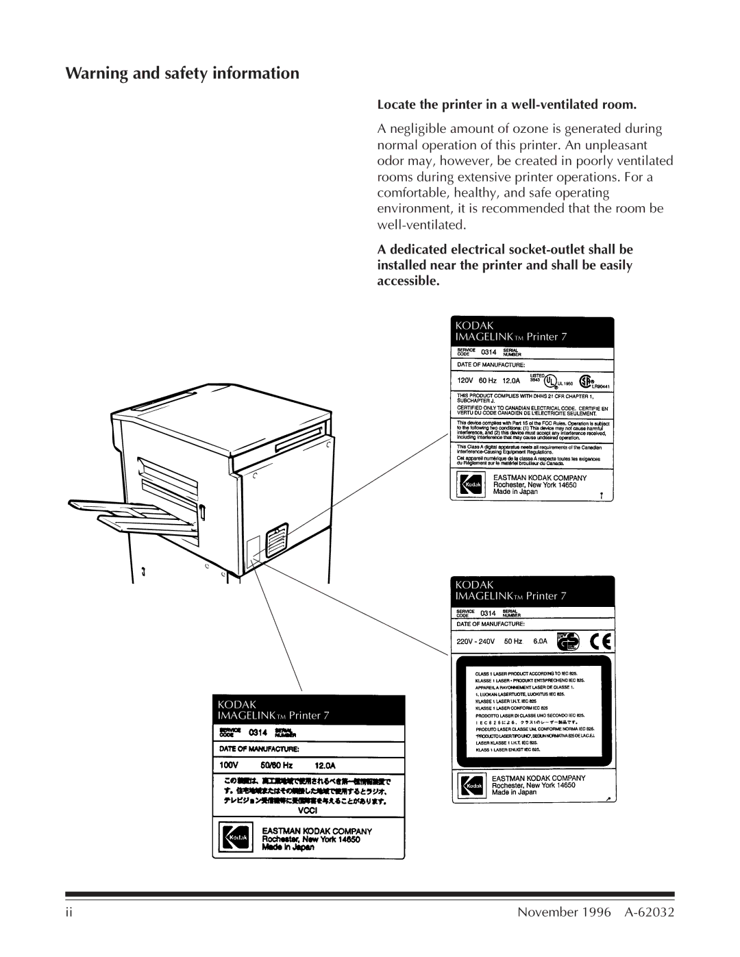 Kodak 7 manual Locate the printer in a well-ventilated room 