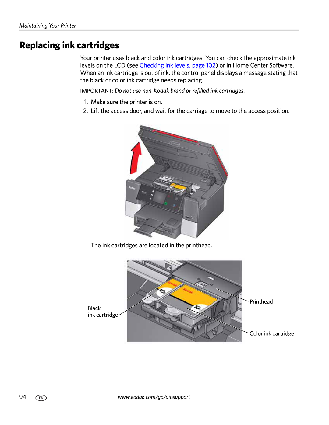 Kodak 7.1 manual Replacing ink cartridges, IMPORTANT Do not use non-Kodak brand or refilled ink cartridges 